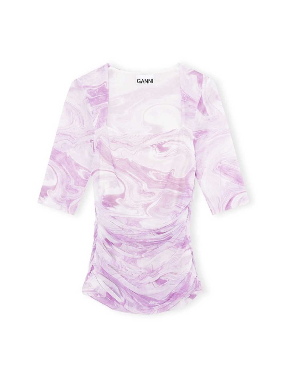 Ganni Lavender Marble Ruched Square-Neck Top